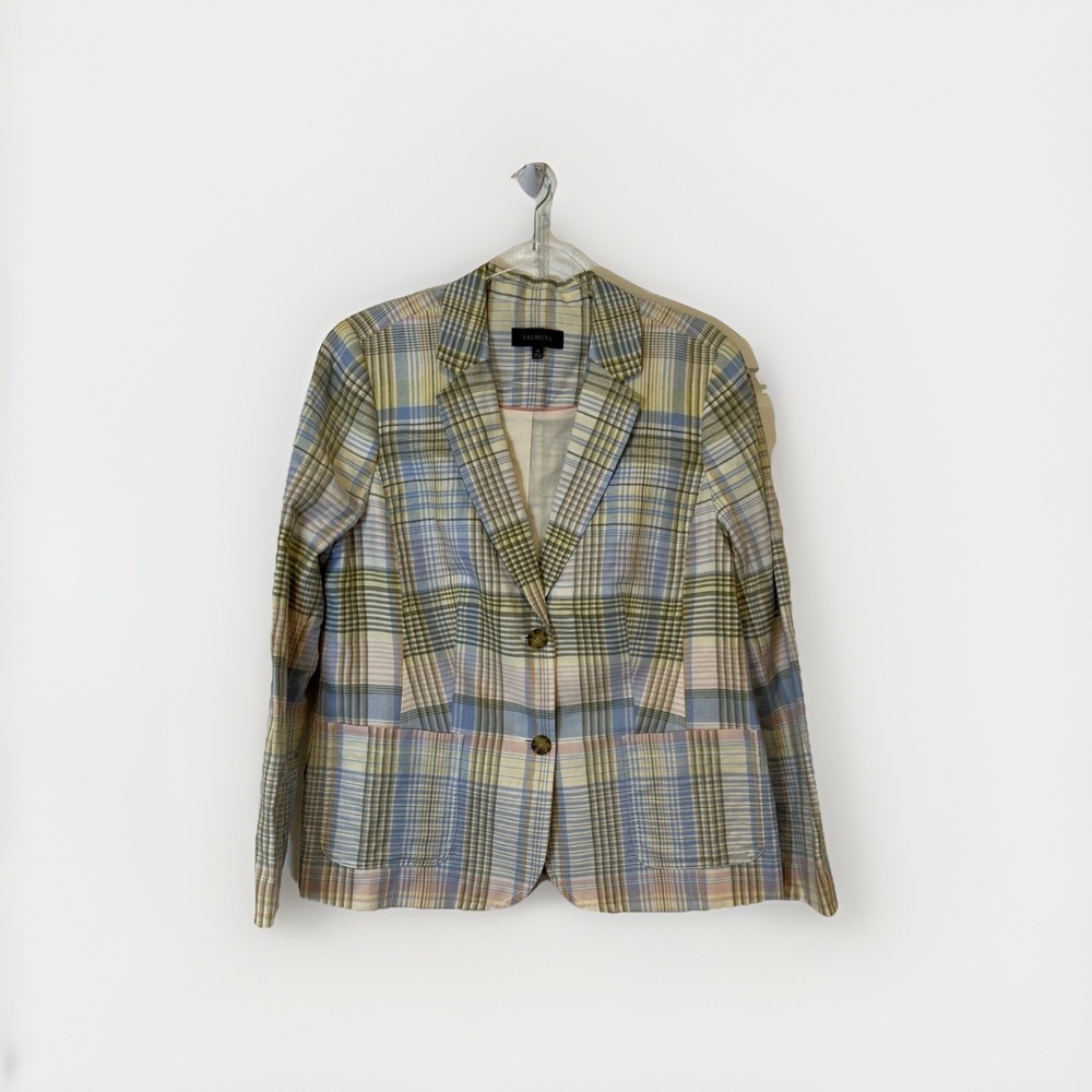 Talbots Plaid Blazer Womens 14 Multicolor Linen Cotton Pastel Two Button Jacket